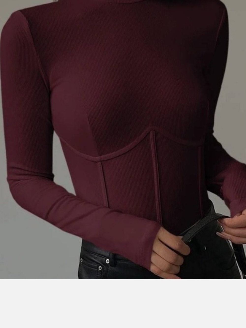 Commense Ribbed Long Sleeve Corset-Style Top - Burgundy